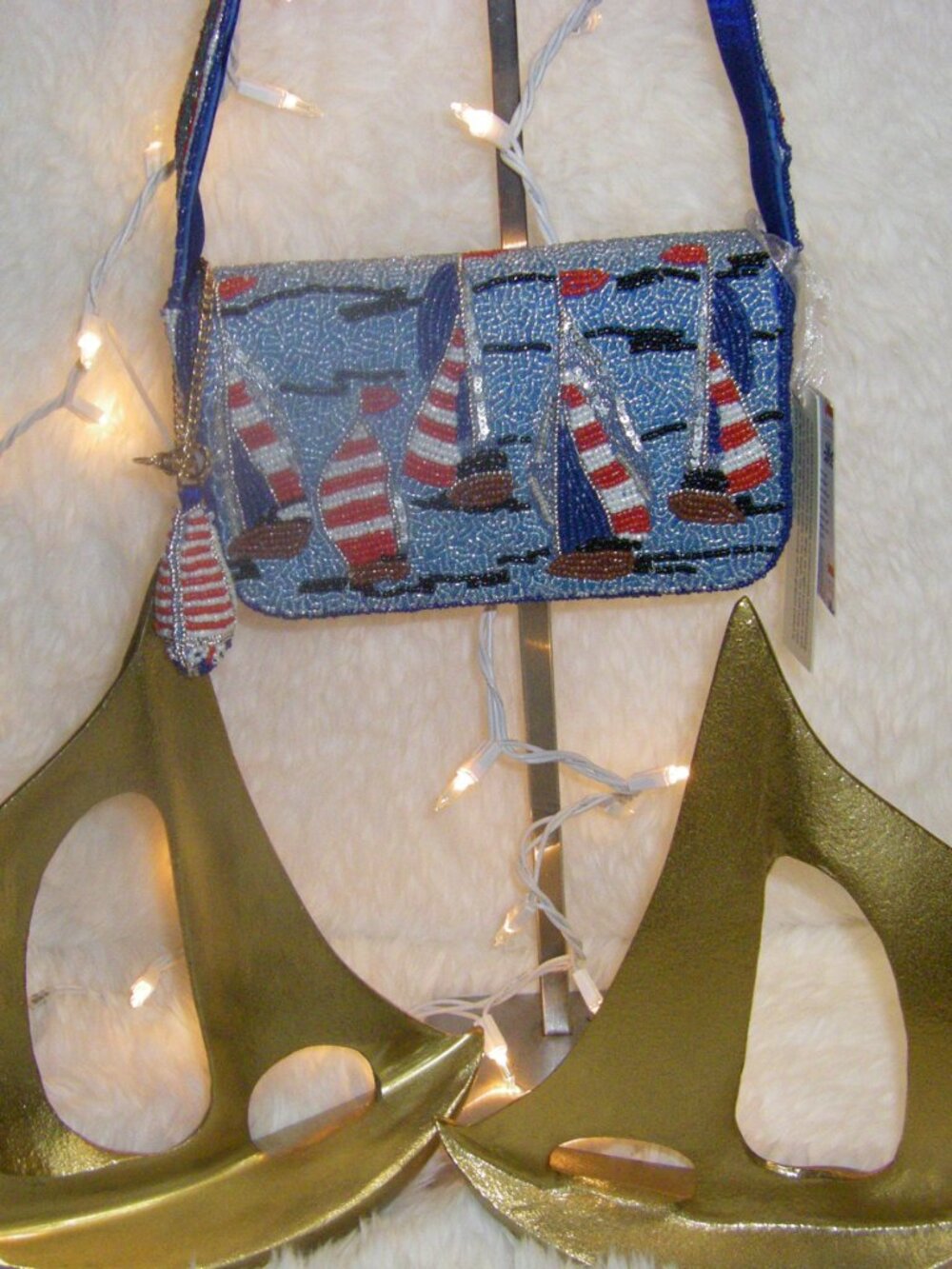 Viral Beaded Sailboat Bag Handcrafted In India Red White Blue Nautical Theme NWT